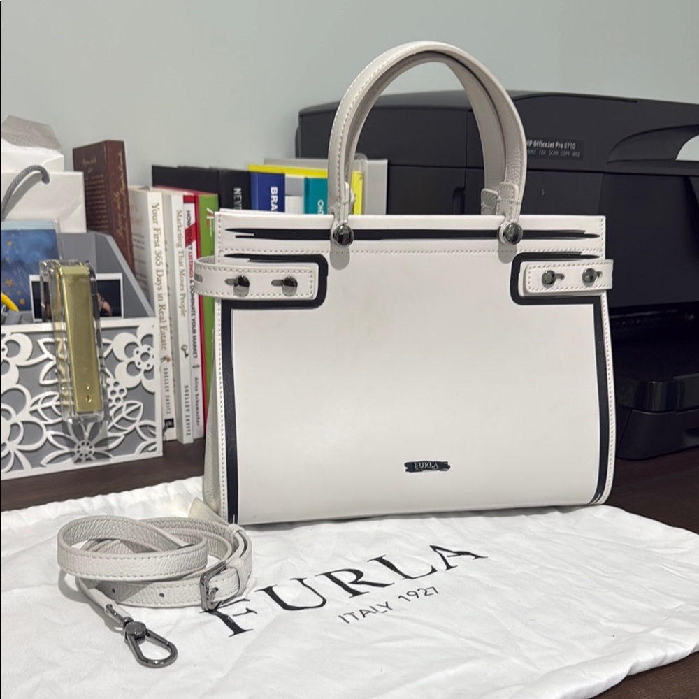 Furla White and Black Satchel with Geometric Design